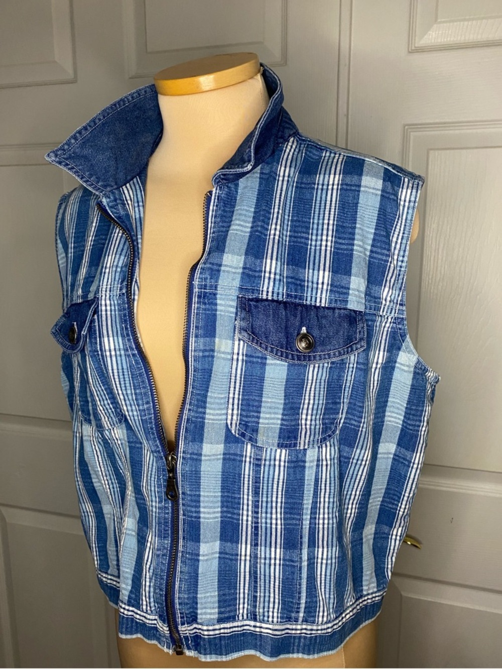 Crossroads Women's Denim Vest, Plaid, Size Large, 90s Y2K, Hipster, Summer